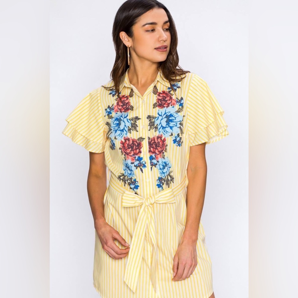 Jealous Tomato - Yellow Striped Button Down Mini Dress with Red and Blue Flowers